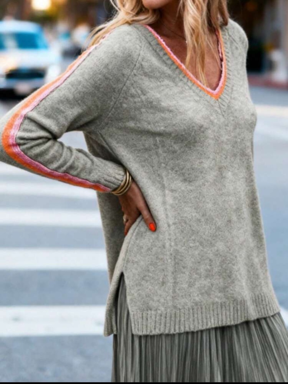 V-Neck Dark Gray Women's Sweater with Contrast Stripe